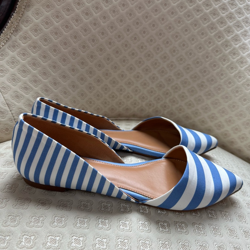J Crew Stripe Zoe d’Orsay Blue and White Striped Womens Flats- like NEW